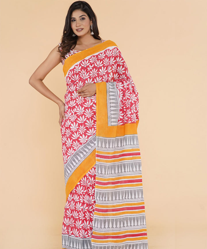 Pink mustard hand sanganeri printed cotton saree