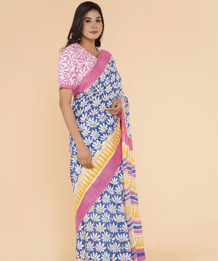 Navy blue yellow hand sanganeri printed cotton saree