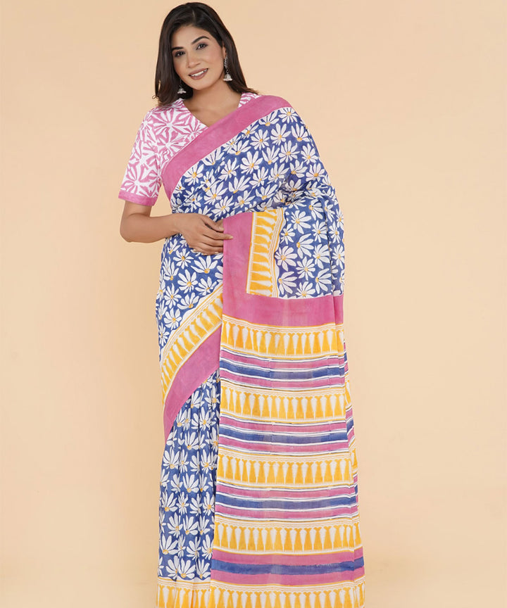 Navy blue yellow hand sanganeri printed cotton saree