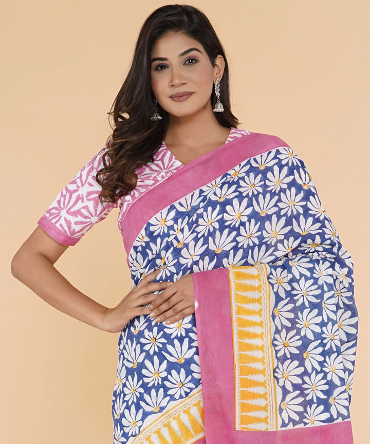 Navy blue yellow hand sanganeri printed cotton saree