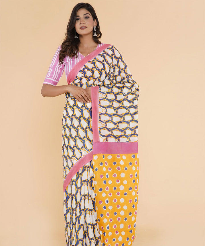 Olive green yellow hand sanganeri printed cotton saree