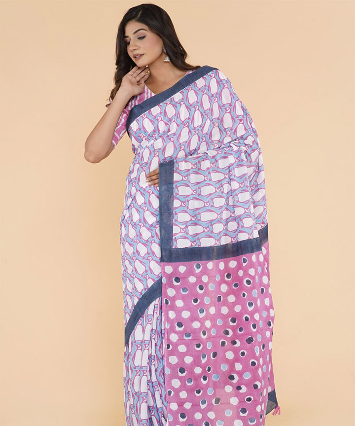 Navy blue magenta hand sanganeri printed cotton saree