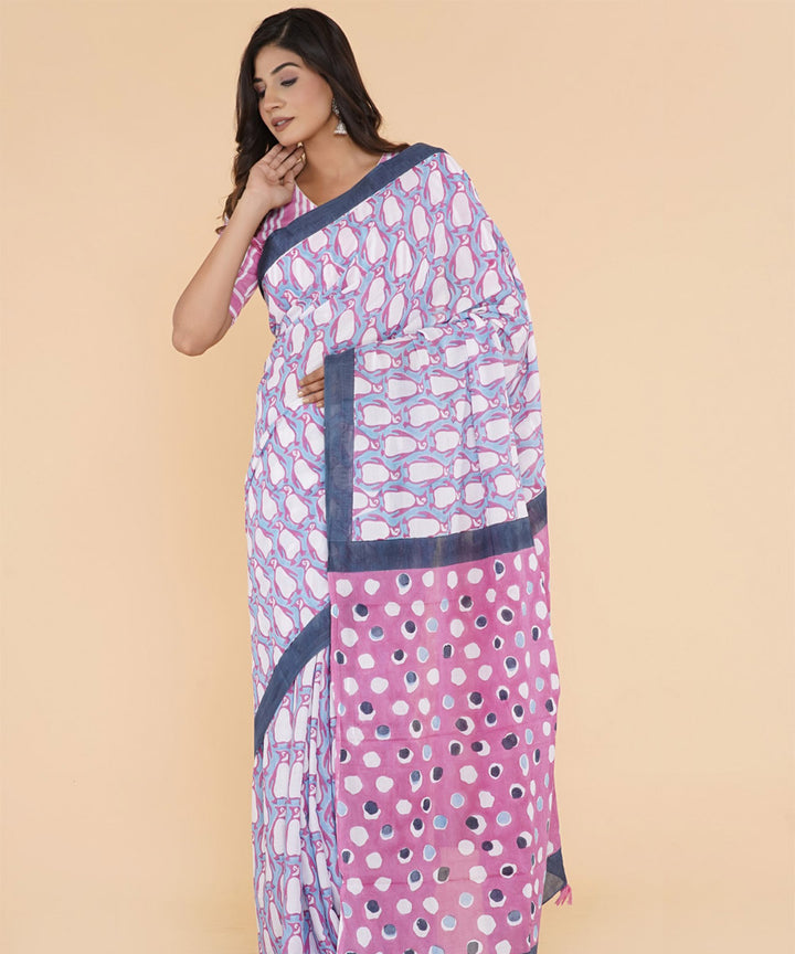 Navy blue magenta hand sanganeri printed cotton saree