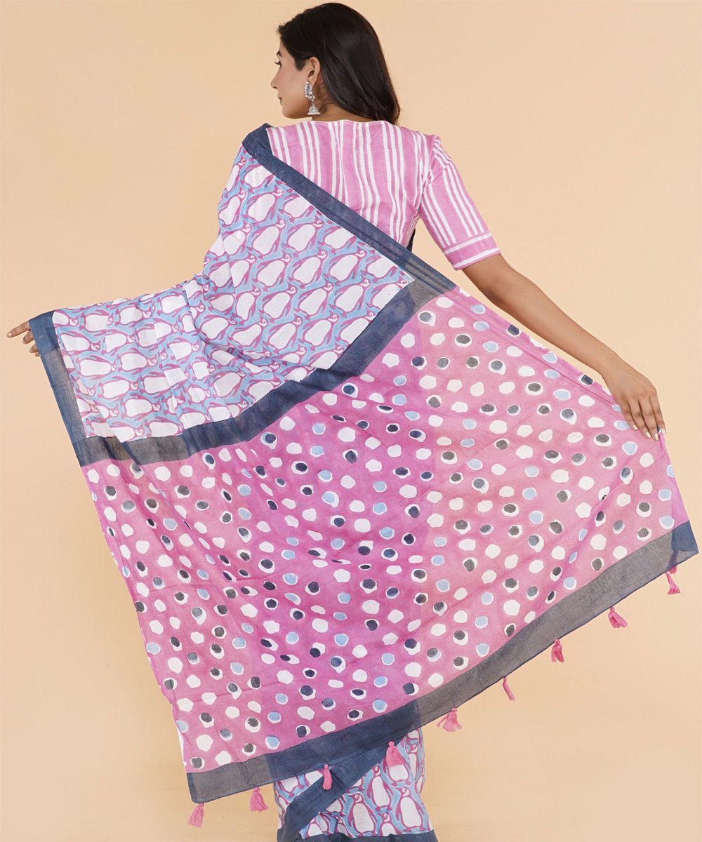 Navy blue magenta hand sanganeri printed cotton saree