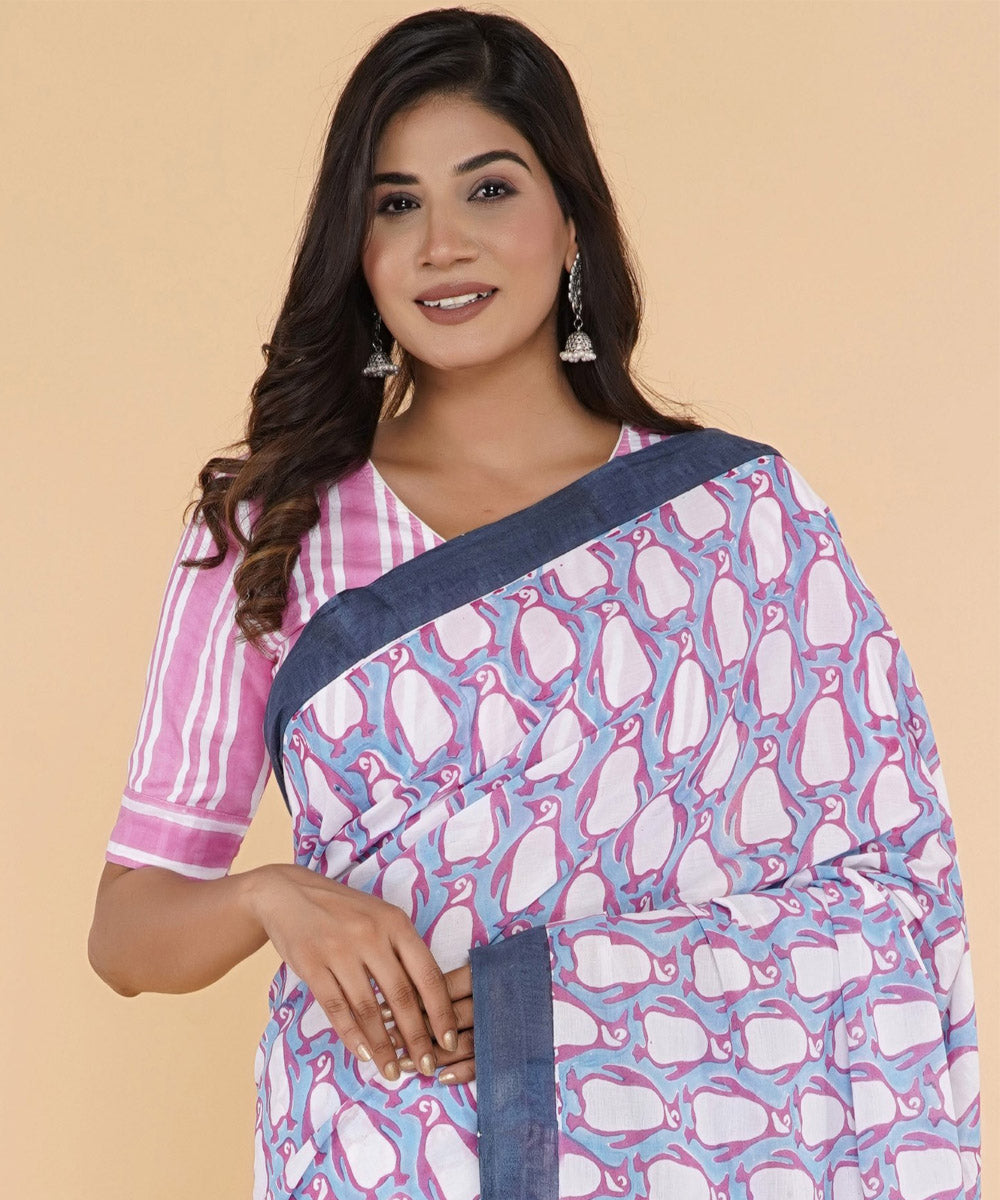 Navy blue magenta hand sanganeri printed cotton saree