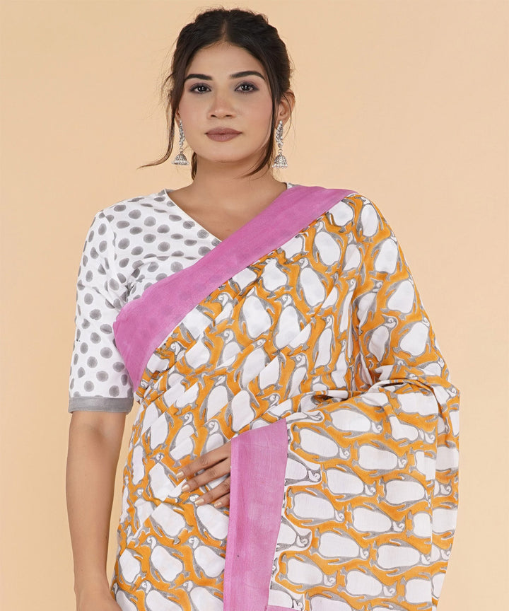 Yellow pink hand sanganeri printed cotton saree