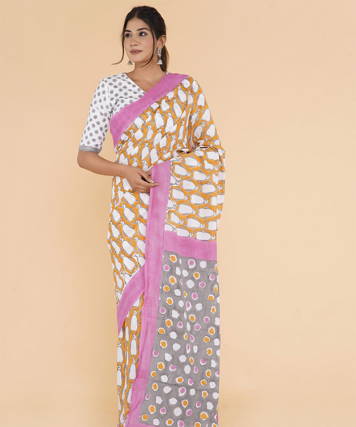 Yellow pink hand sanganeri printed cotton saree