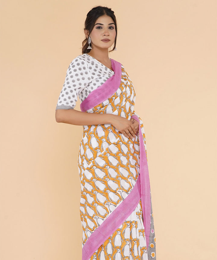 Yellow pink hand sanganeri printed cotton saree