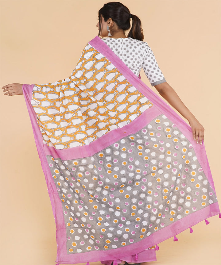 Yellow pink hand sanganeri printed cotton saree