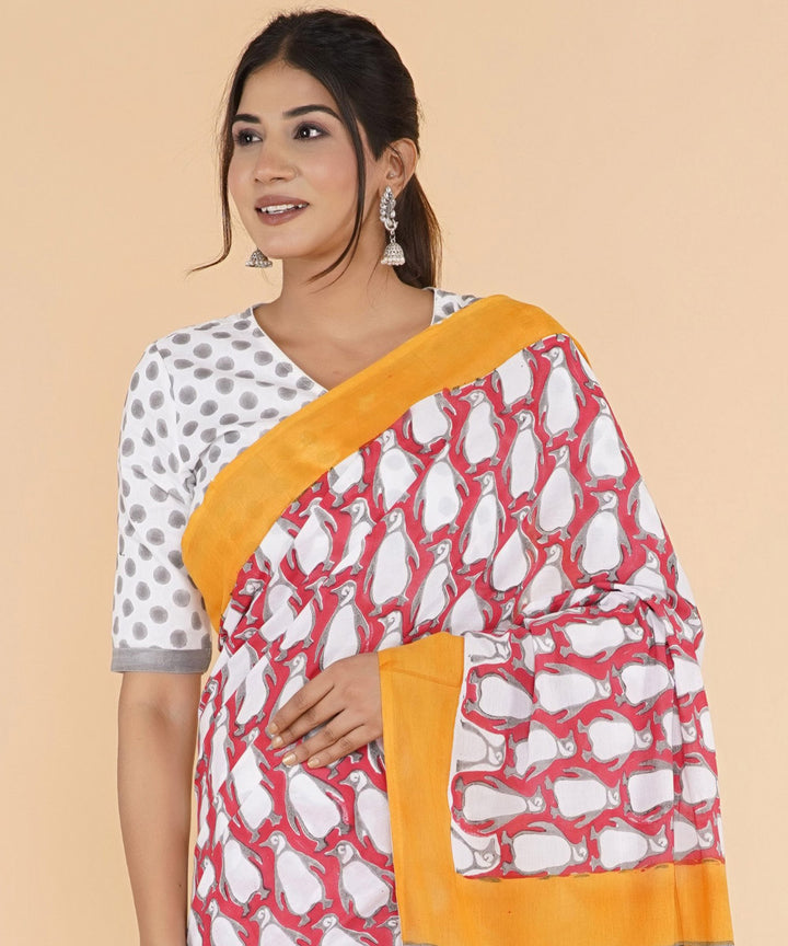 Red yellow hand sanganeri printed cotton saree