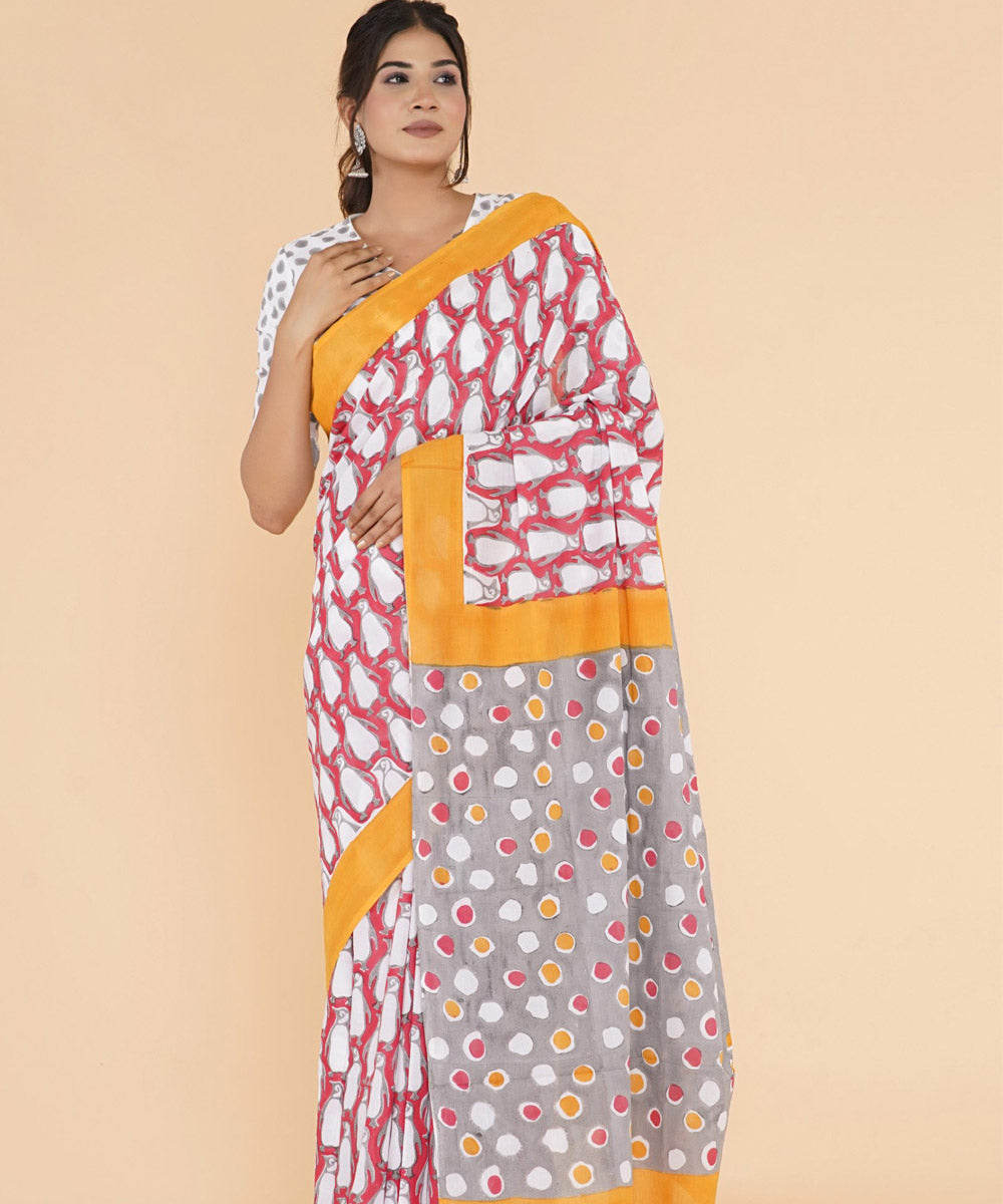 Red yellow hand sanganeri printed cotton saree