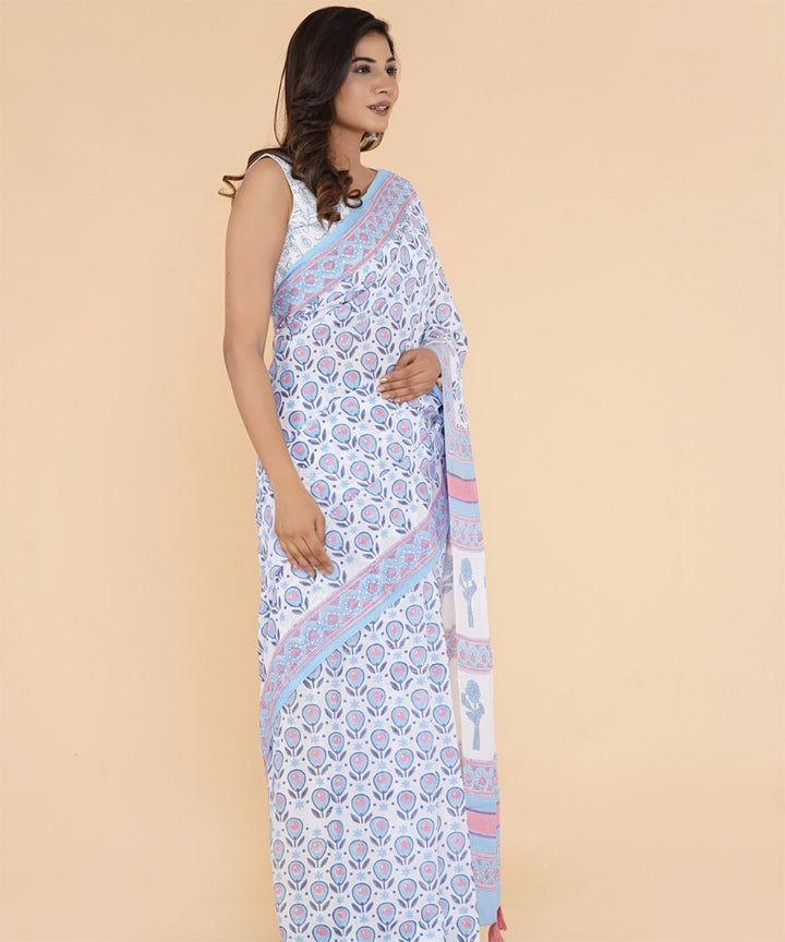 Cyan blue offwhite cotton hand sanganeri printed saree