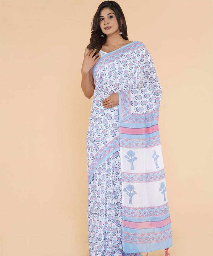 Cyan blue offwhite cotton hand sanganeri printed saree