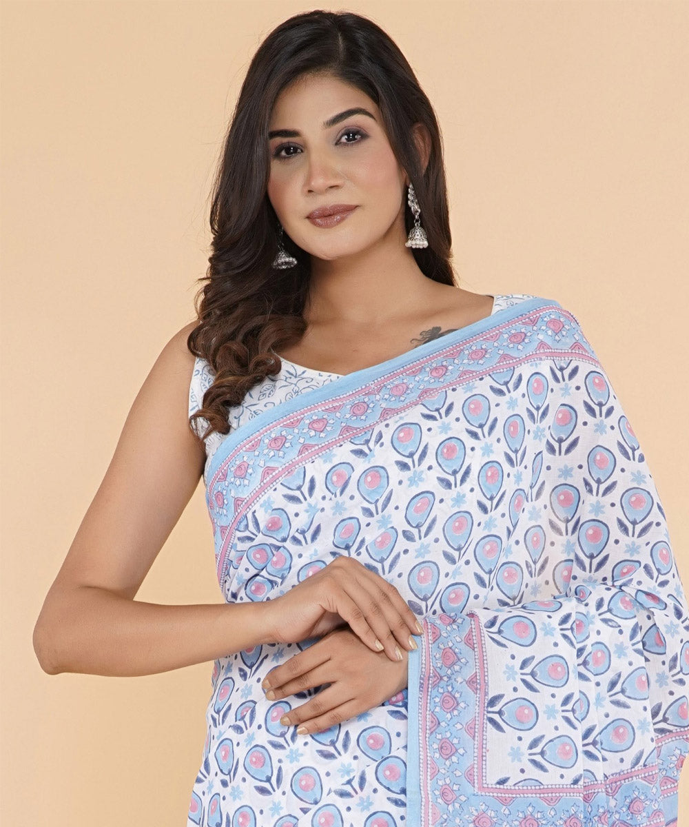 Cyan blue offwhite cotton hand sanganeri printed saree