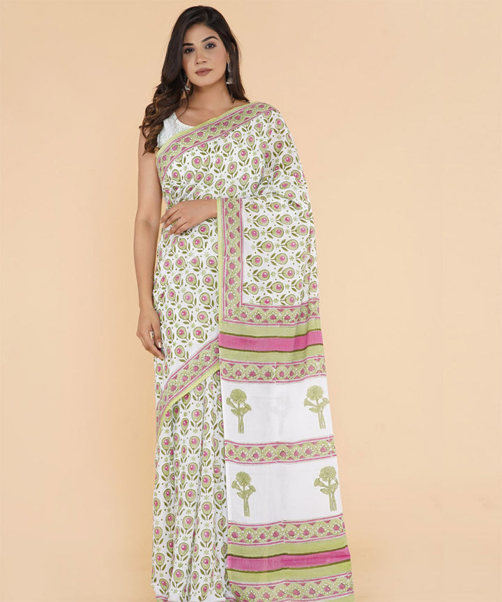 Olive green red hand sanganeri printed cotton saree