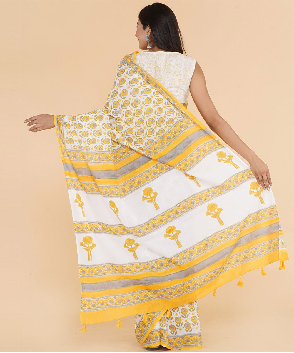 Yellow offwhite cotton sanganeri hand printed saree