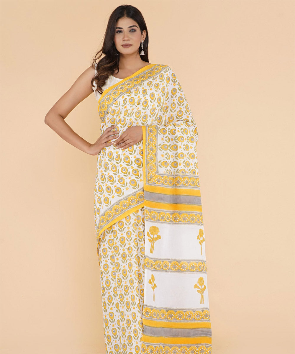 Yellow offwhite cotton sanganeri hand printed saree