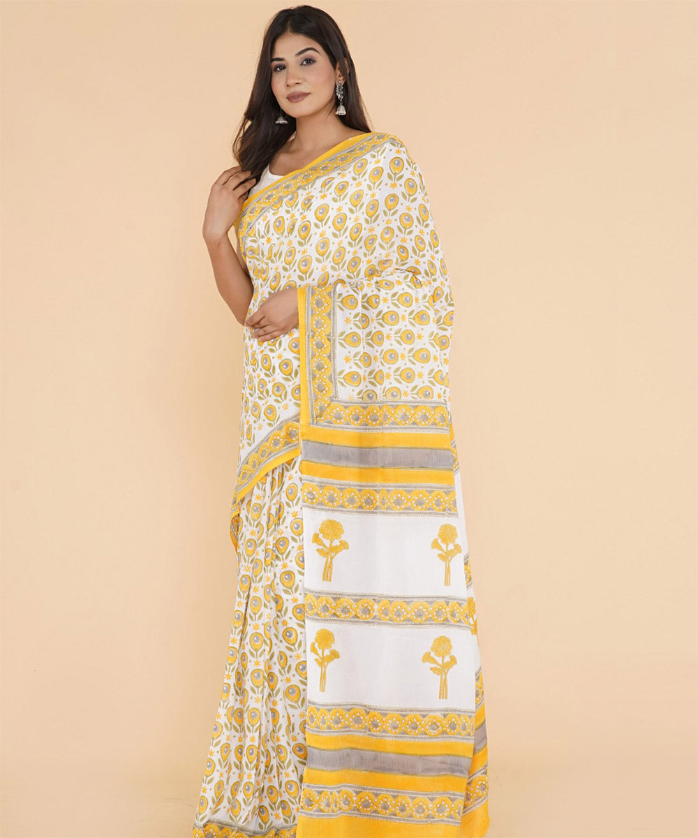 Yellow offwhite cotton sanganeri hand printed saree