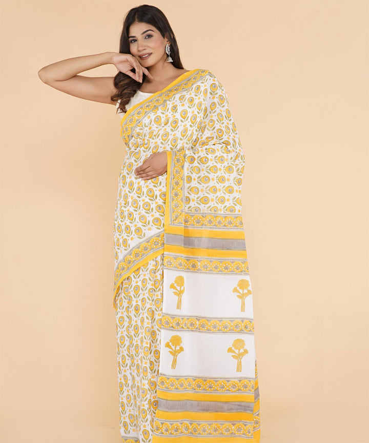 Yellow offwhite cotton sanganeri hand printed saree