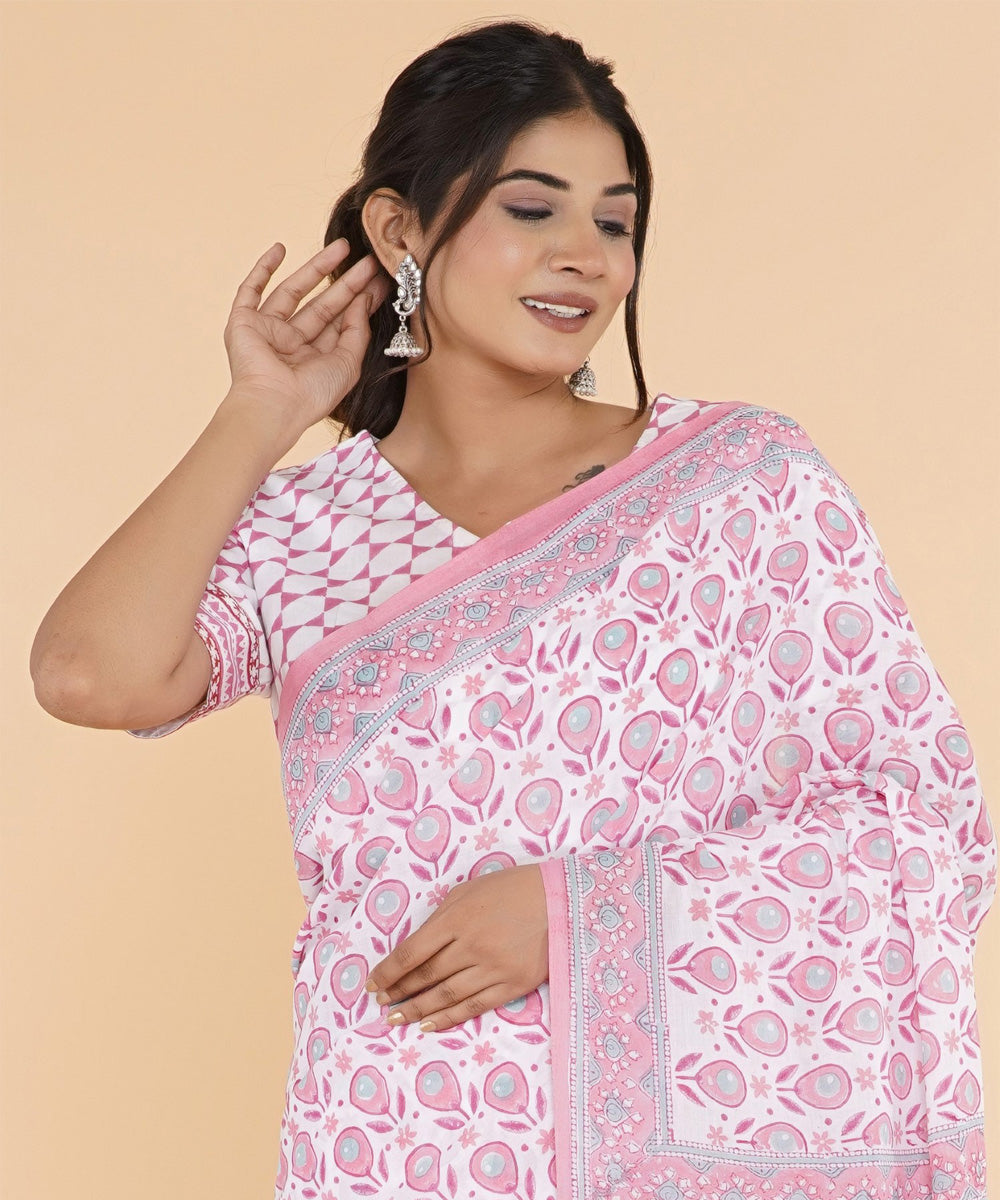 Pink offwhite sanganeri hand printed cotton saree