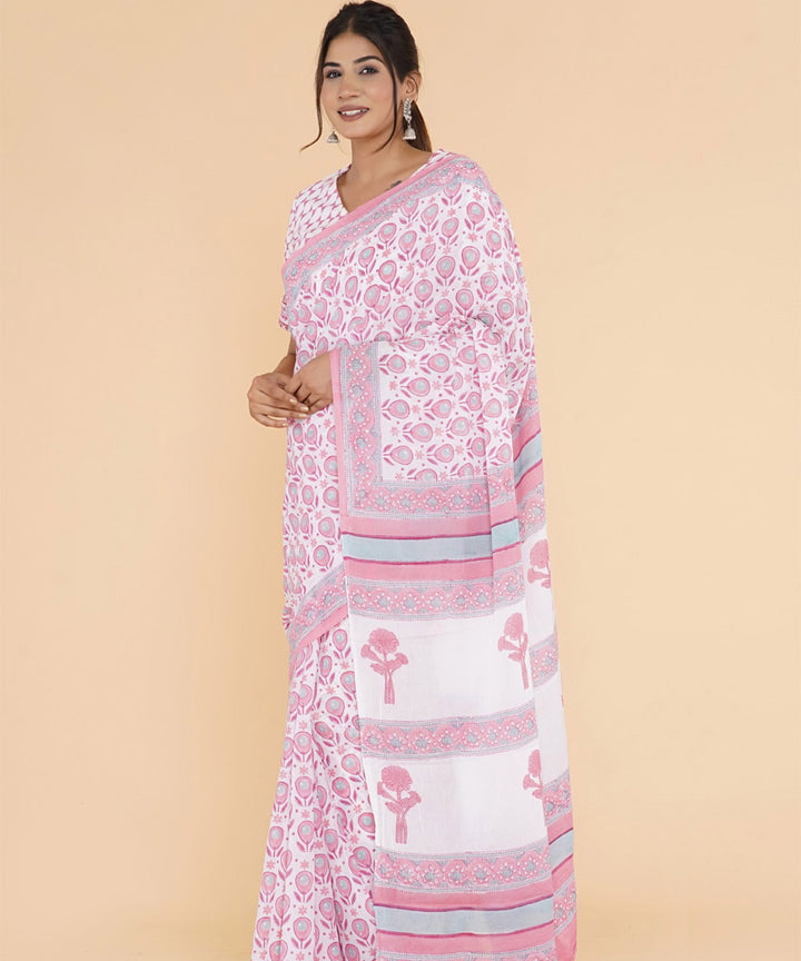 Pink offwhite sanganeri hand printed cotton saree