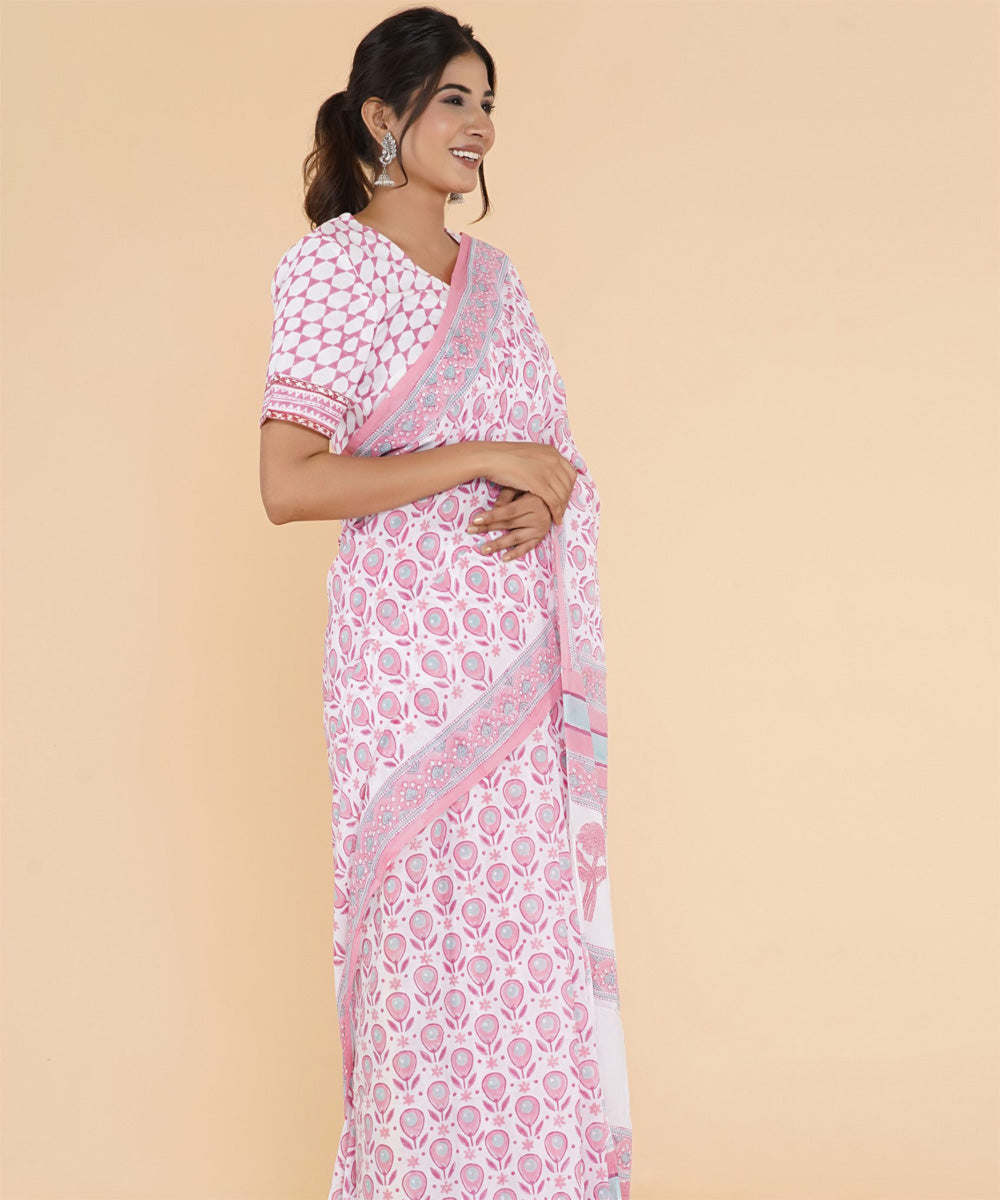 Pink offwhite sanganeri hand printed cotton saree