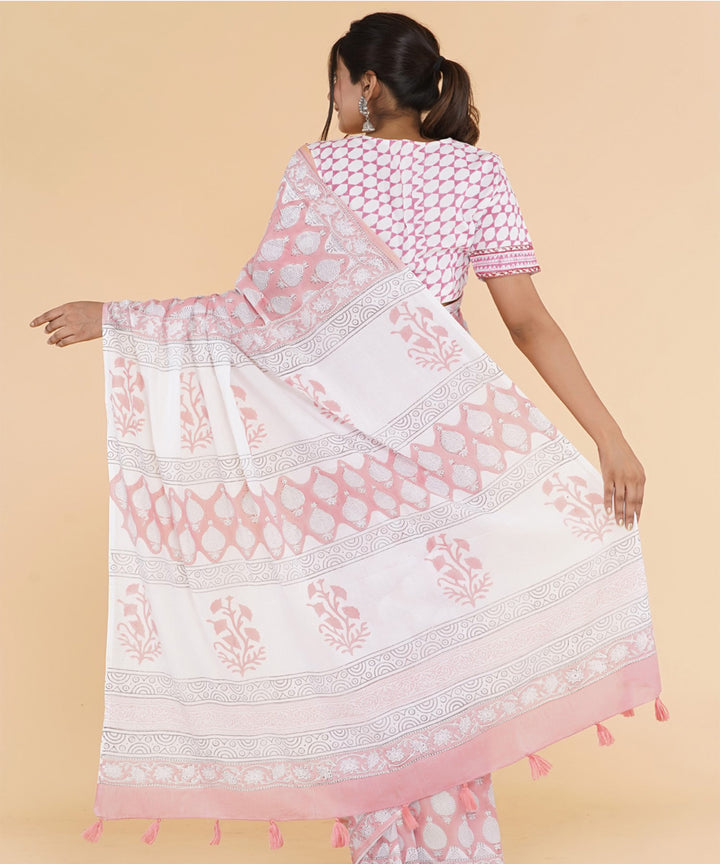 Pink offwhite sanganeri hand printed cotton saree