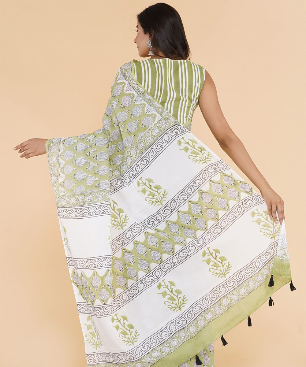 Olive offwhite hand sanganeri printed cotton saree