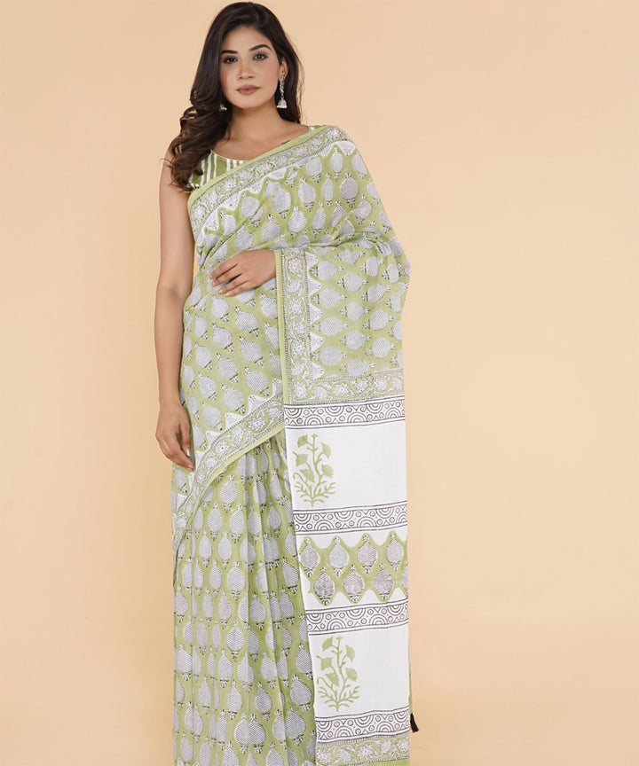 Olive offwhite hand sanganeri printed cotton saree