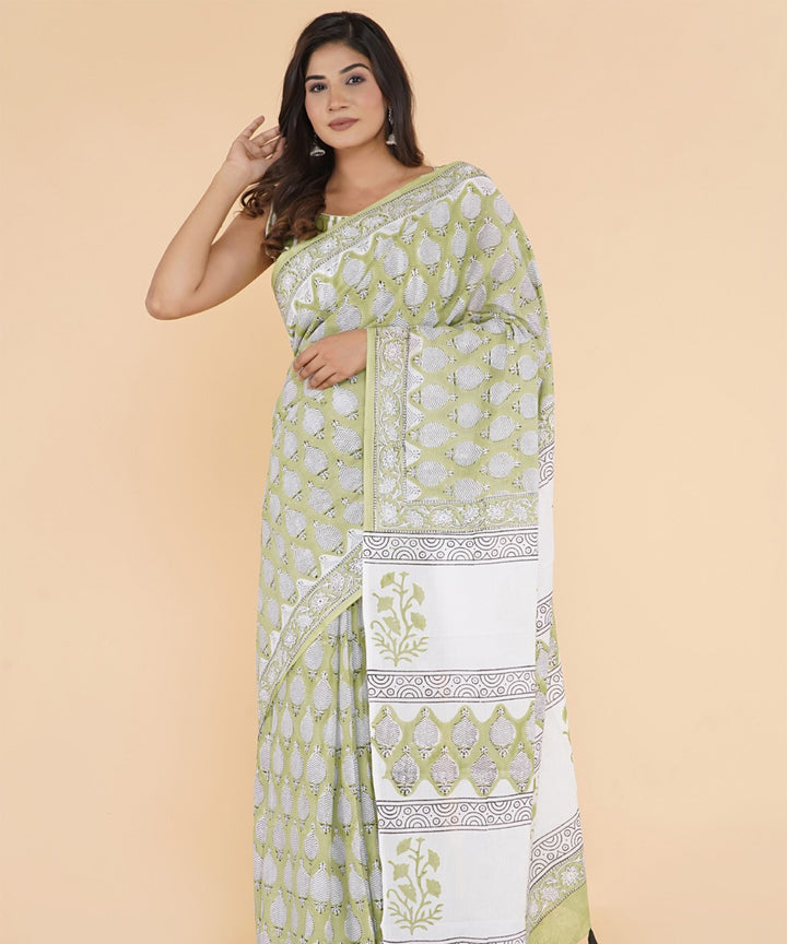 Olive offwhite hand sanganeri printed cotton saree