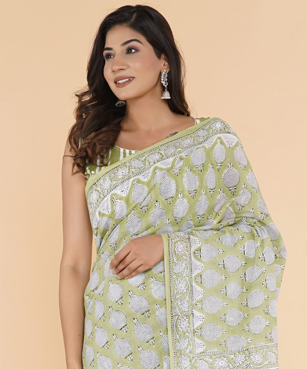 Olive offwhite hand sanganeri printed cotton saree