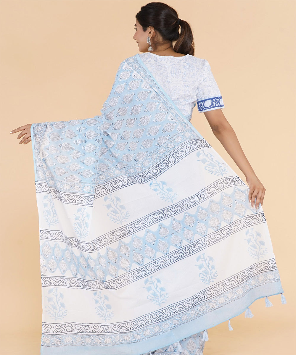 Cyan blue offwhite hand sanganeri printed cotton saree