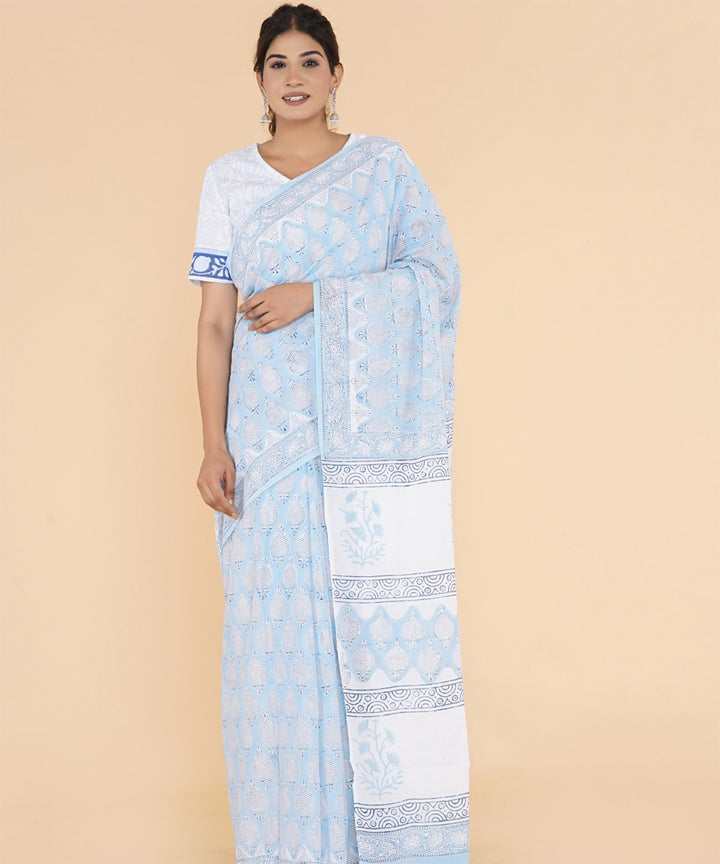 Cyan blue offwhite hand sanganeri printed cotton saree