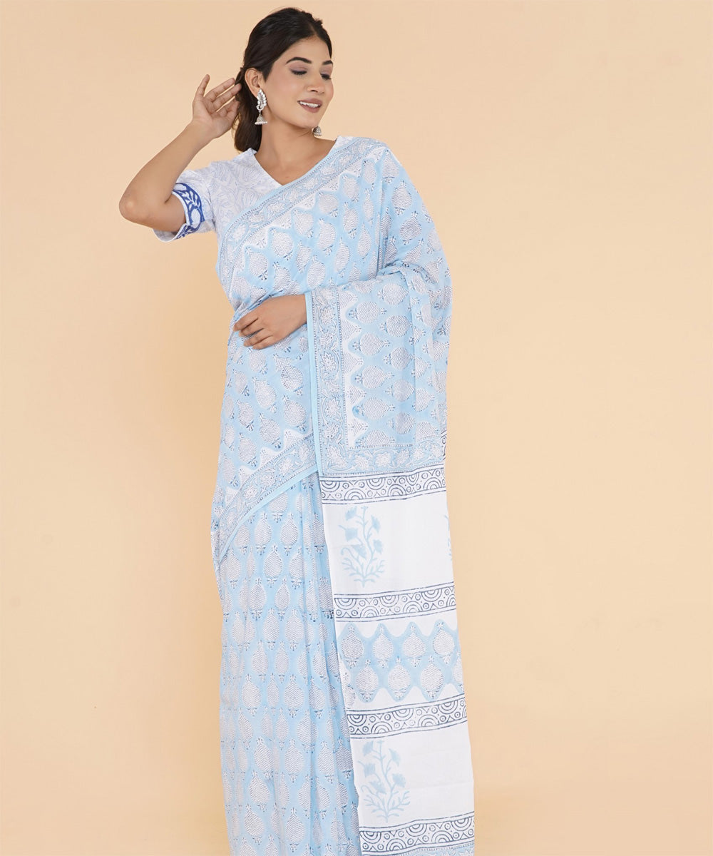 Cyan blue offwhite hand sanganeri printed cotton saree