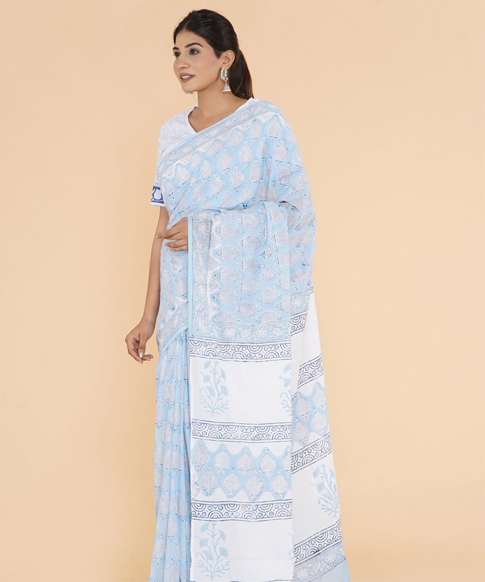 Cyan blue offwhite hand sanganeri printed cotton saree