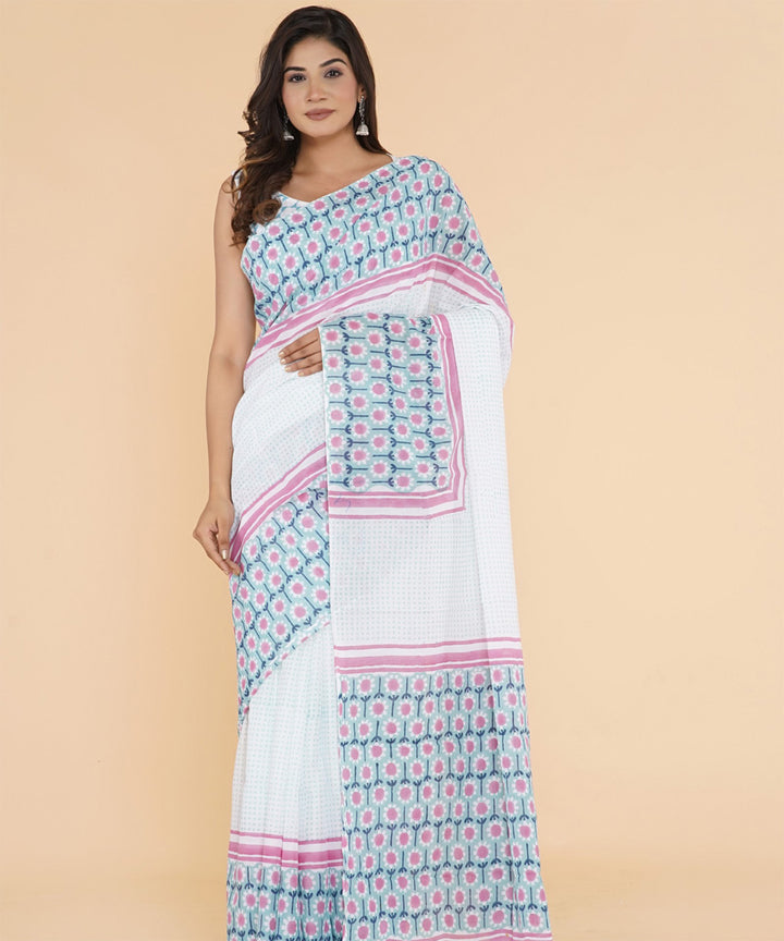 Navy blue offwhite hand sanganeri printed cotton saree