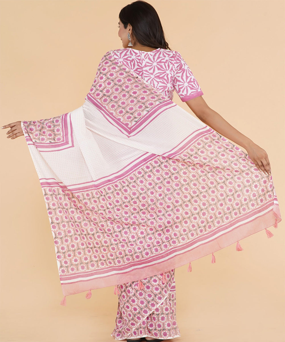 Pink offwhite hand sanganeri printed cotton saree