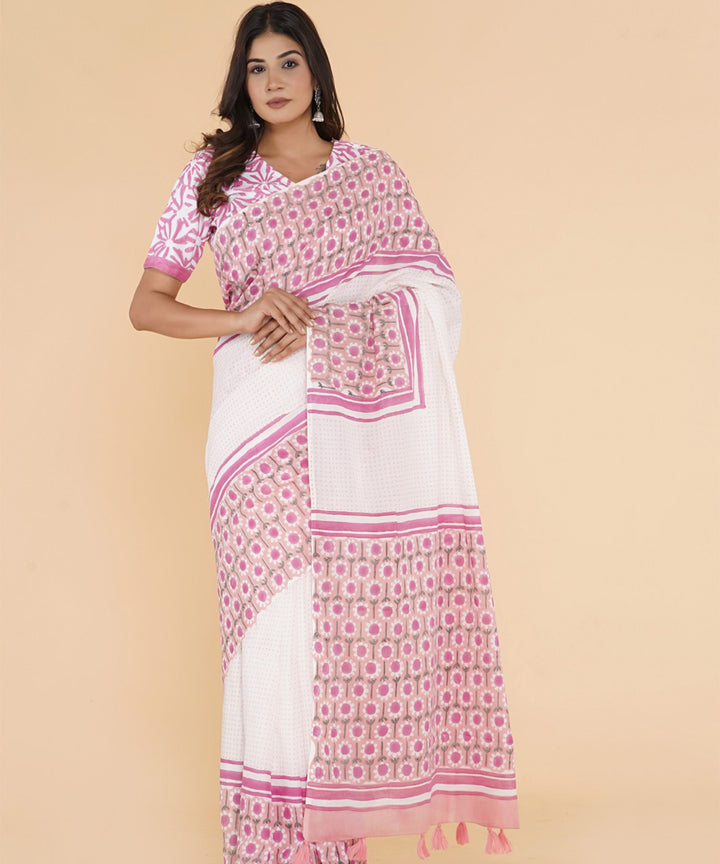 Pink offwhite hand sanganeri printed cotton saree