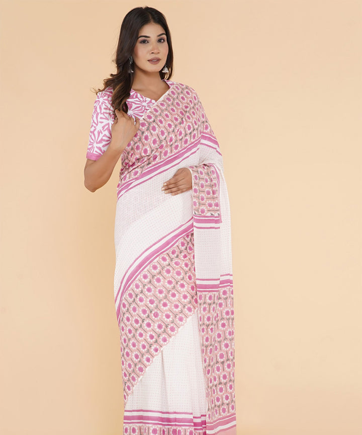 Pink offwhite hand sanganeri printed cotton saree