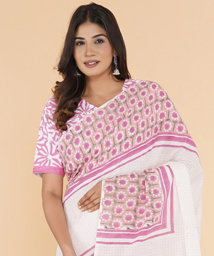 Pink offwhite hand sanganeri printed cotton saree