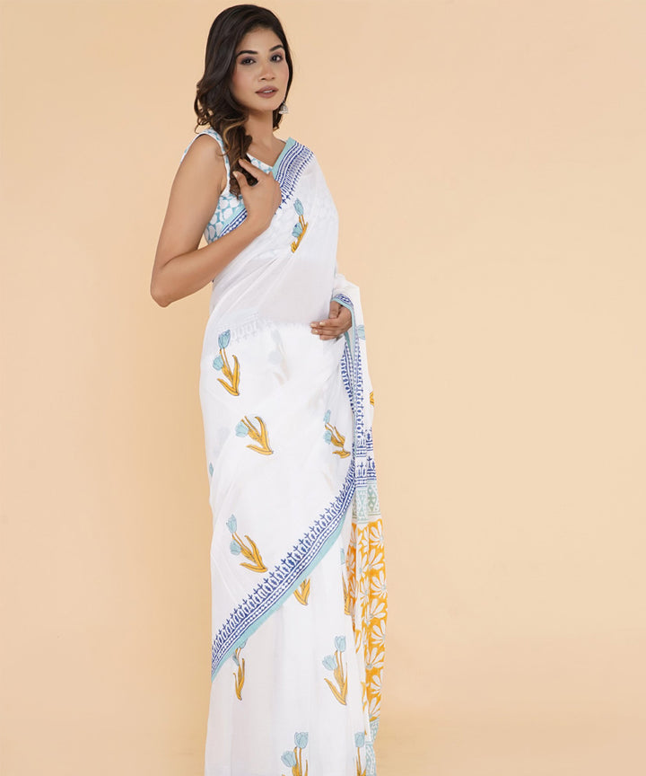 Navy blue mustard hand sanganeri printed cotton saree