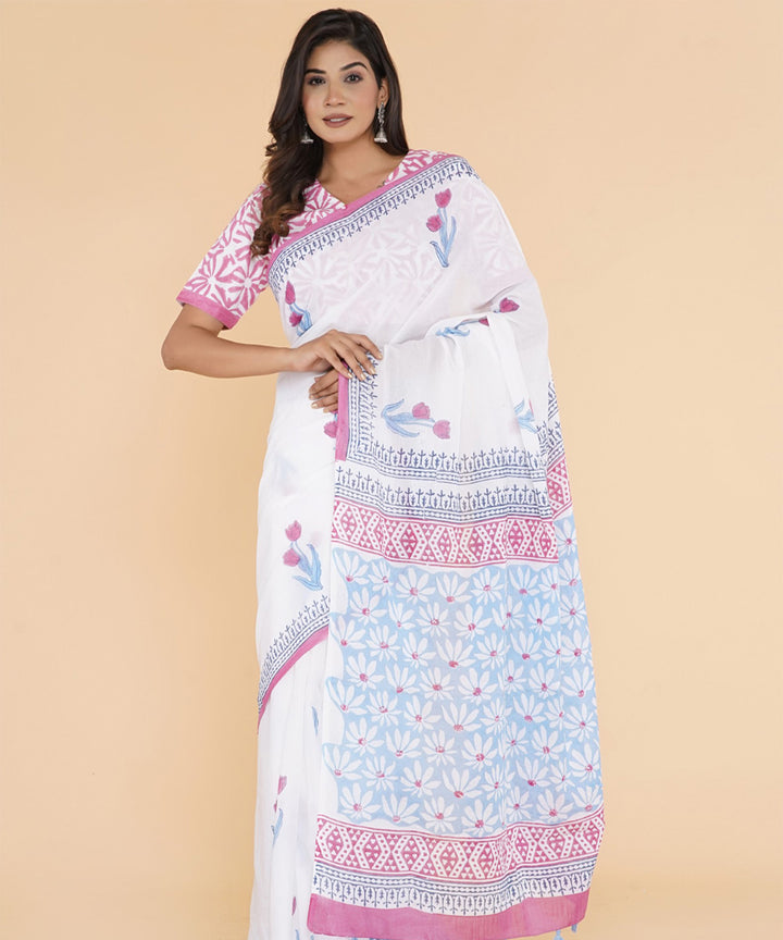 Cyan blue pink hand sanganeri printed cotton saree