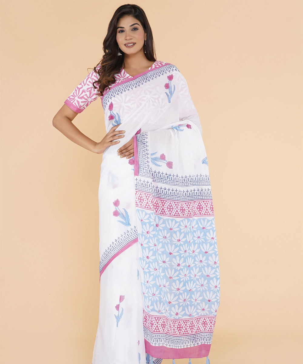 Cyan blue pink hand sanganeri printed cotton saree