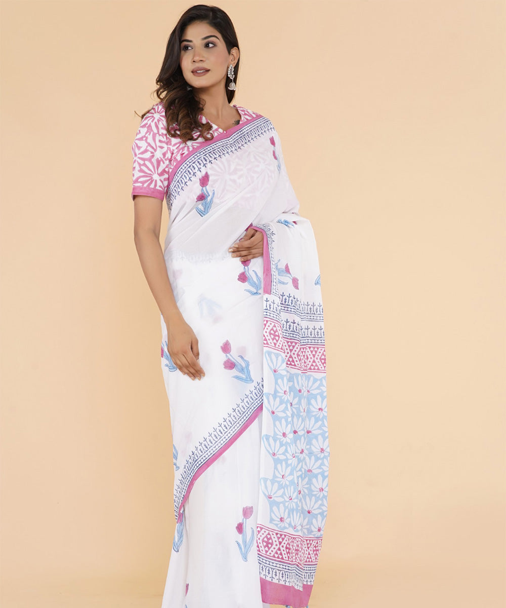 Cyan blue pink hand sanganeri printed cotton saree