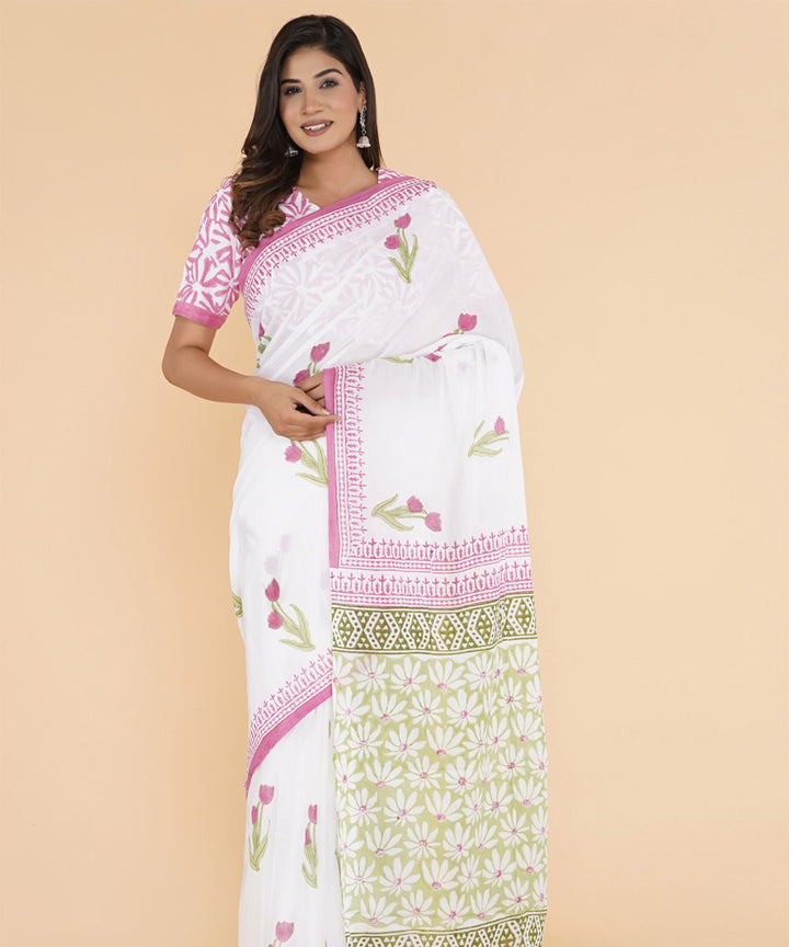 Pink olive green hand sanganeri printed cotton saree