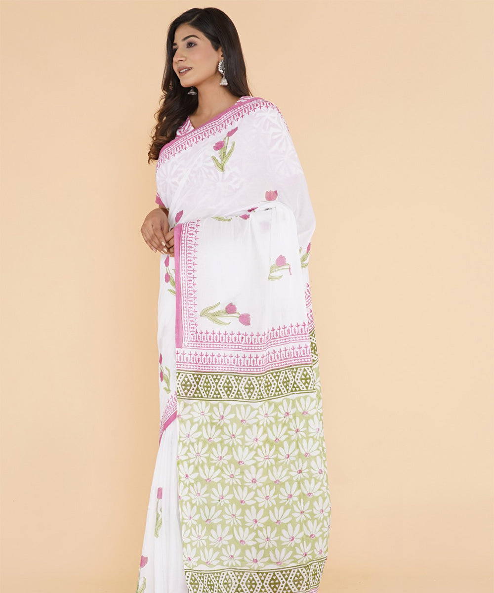 Pink olive green hand sanganeri printed cotton saree