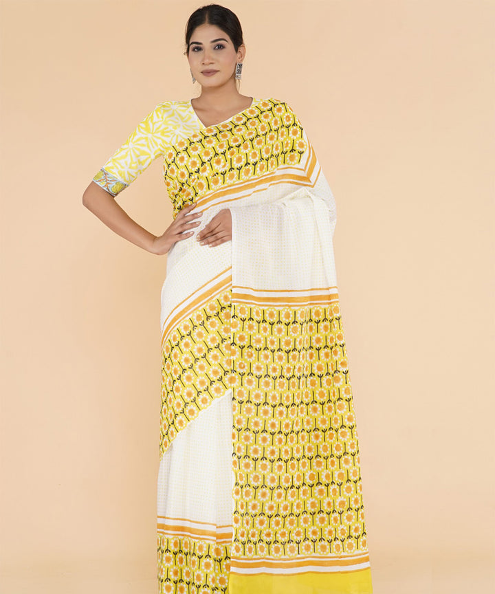 Yellow white hand sanganeri printed cotton saree