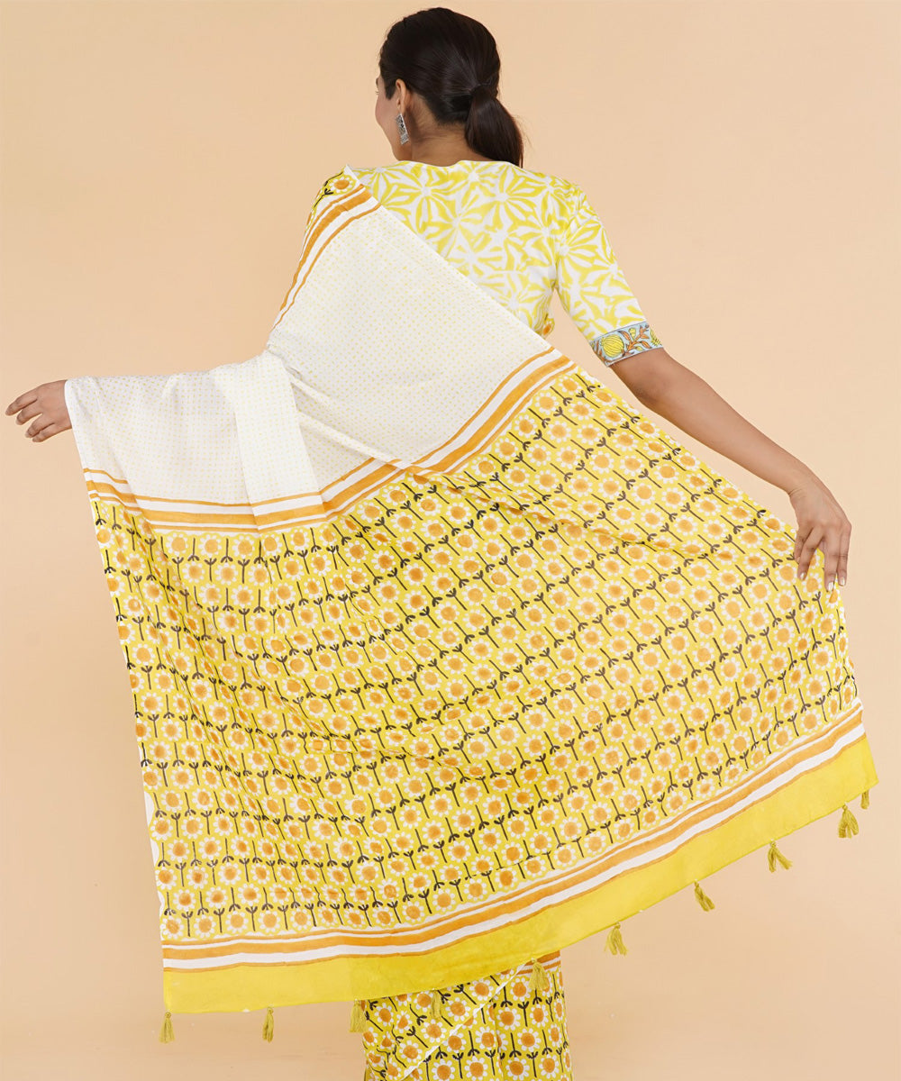 Yellow white hand sanganeri printed cotton saree