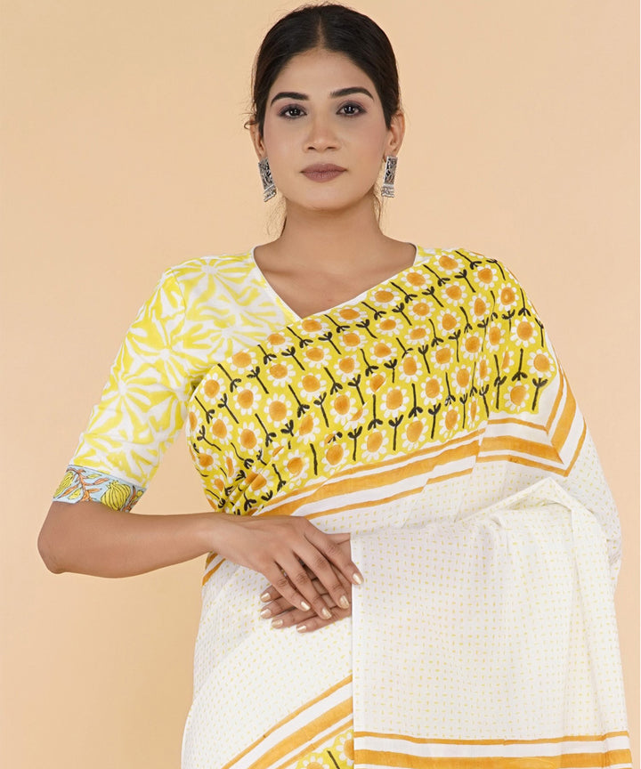 Yellow white hand sanganeri printed cotton saree