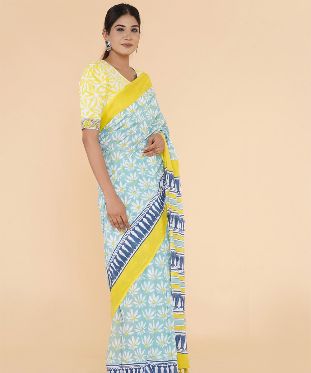 Cyan blue navy blue hand sanganeri printed cotton saree